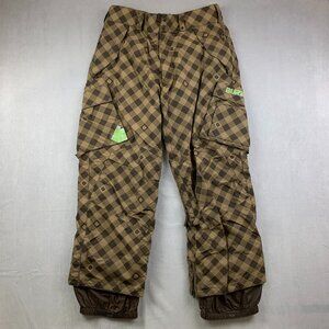 Burton Mens Snowpants Medium Brown Tan Check Plaid Cargo Nylon Snowboarding
